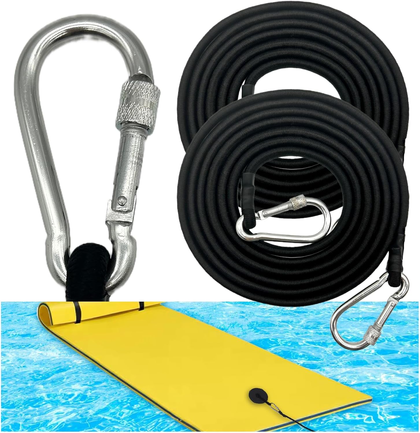 157 Inch Foam Water Pad Bungee Cord, Floating Mat Bungee Cord with Lockable Carabiner, Floating Mat Tether Kit Foam Lake Mat Cord Secure Mooring, 2PC