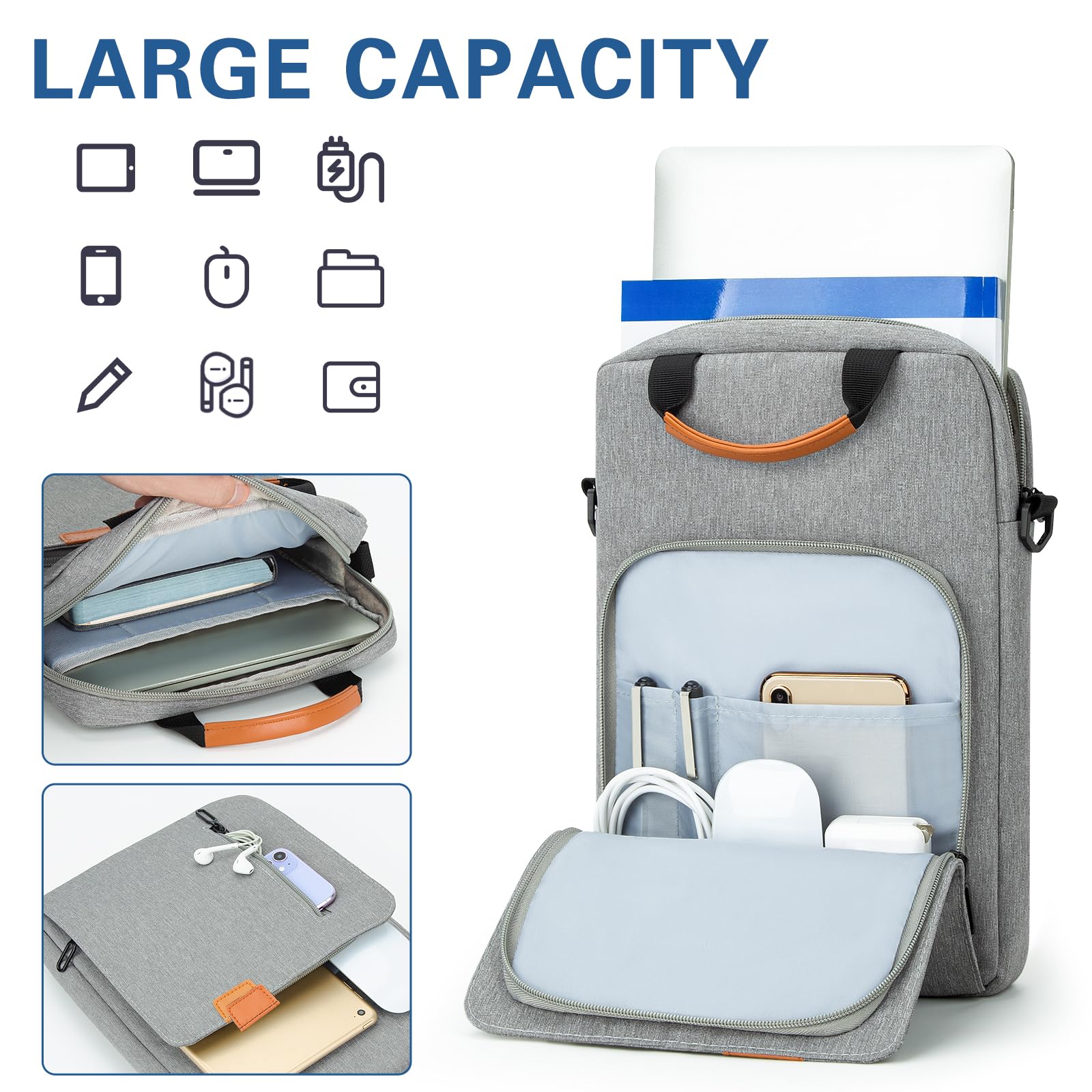 Custodia PC 14 Pollici, Borsa a Tracolla per Computer in Poliestere Impermeabile Compatibile con 14” MacBook Pro M4/M3/M2/M1 2024-2021 Chromebook Notebook, Grigio