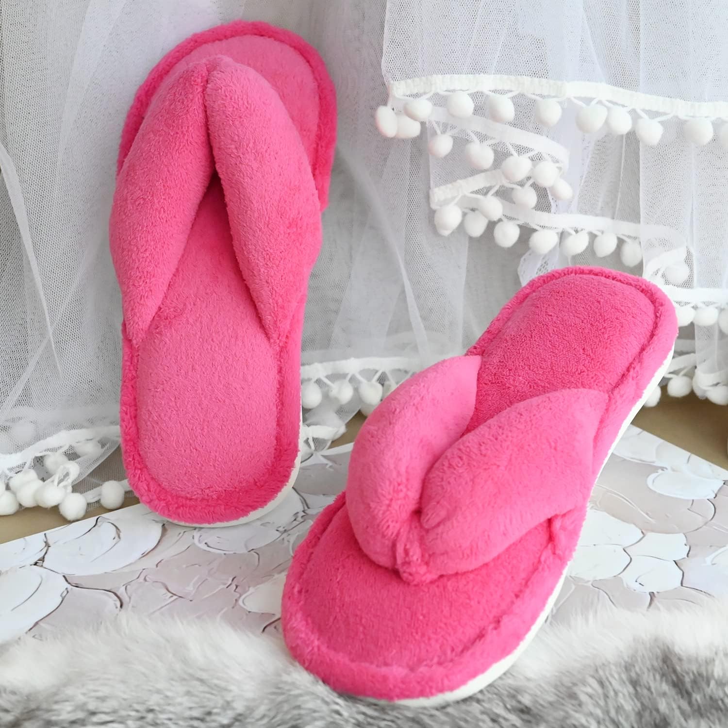 Onmygogo Indoor Slippers for Women Open Toe with Memory Foam, Soft Faux Fur Nonslip House Slippers - Image 2