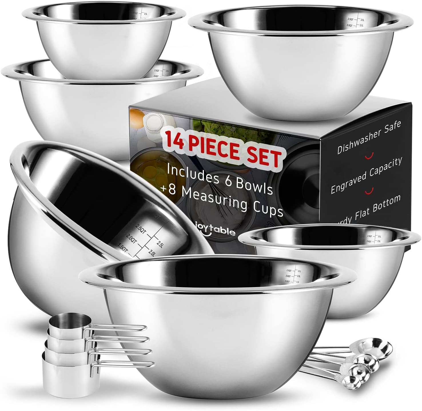 JOYTABLE 14 Piece Mixing Bowls With Measuring Cups And Spoons Set - Premium Stainless Steel Mixing Bowls Set - Nesting & Stable Metal Mixing Bowls Great For Kitchen, Baking, Cooking, Or Prep - Thumbnail 3