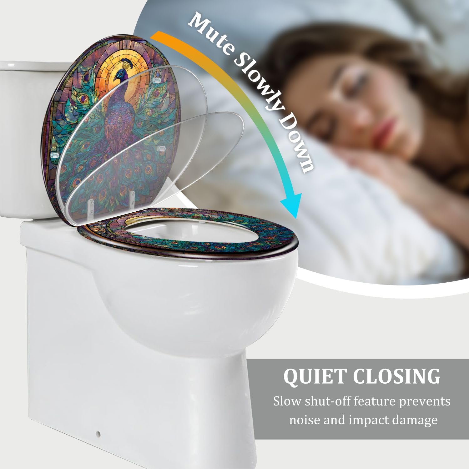 Sedile WC rotondo in resina decorativa di alta qualità, con maestosa decorazione effetto marmo e vetrata, cerniere a chiusura ammortizzata e sgancio rapido, paracolpi e coperchio, facile da installare