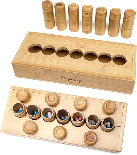 Miniatura 6 de Organizador semanal de píldoras de bambú, 7 tubos con caja de bambú para organizador diario de píldoras, estuche de píldoras de diseño ecológico