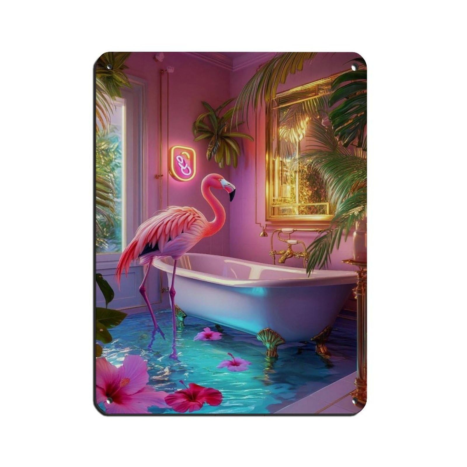 Flamingo in Tropical Bathroom Retro Poster Metal Tin Sign Chic Art Retro Iron Painting Bar People Cave Cafe Family Garage Poster Wall Decoration 12x16inch(30x40cm)