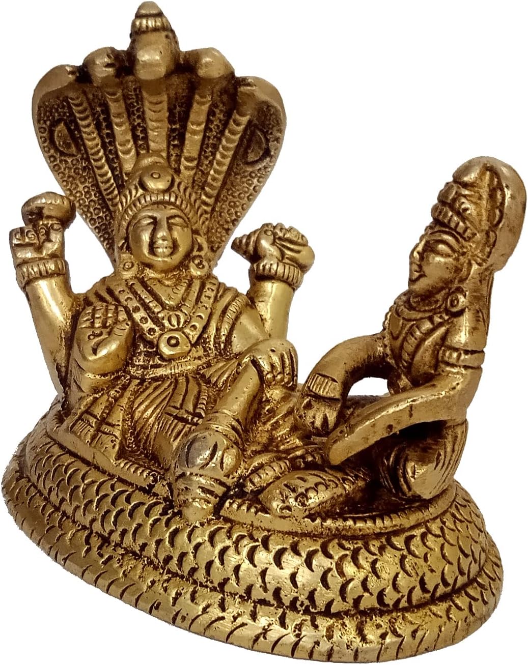 Purpledip Brass Idol Vishnu Lakshmi On Sheshnag: Anantashayi Anand Shayan Sleeping Posture Collectibe Statue (12643)