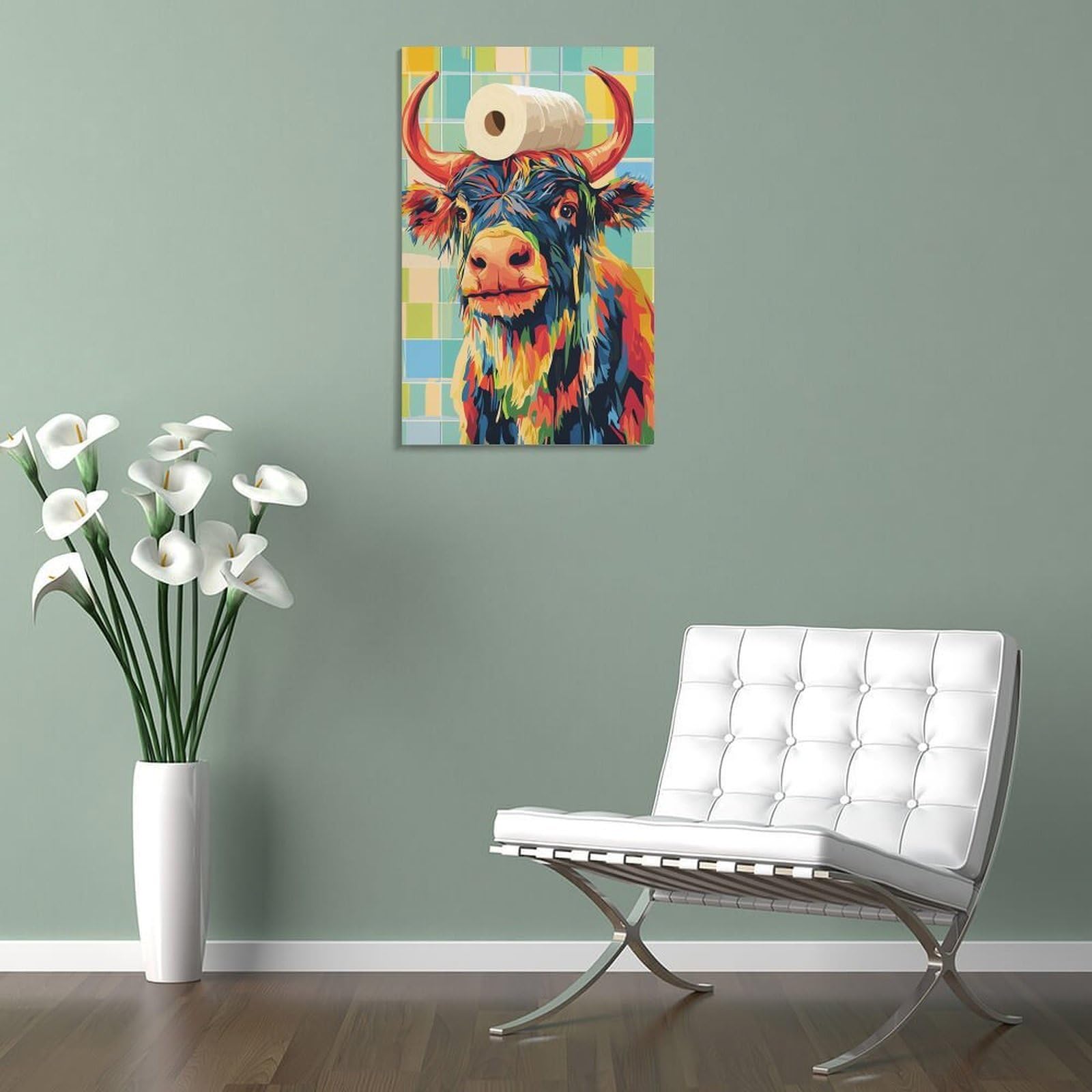 Junmoney Kunstdruck Auf Leinwand Colorful Cow with Toilet Paper Hat, 16x24inch(40x60cm), Für Wohnzimmer, Flur Oder Schlafzimmer, Leinwandbild Für Harmonische Raumwirkung