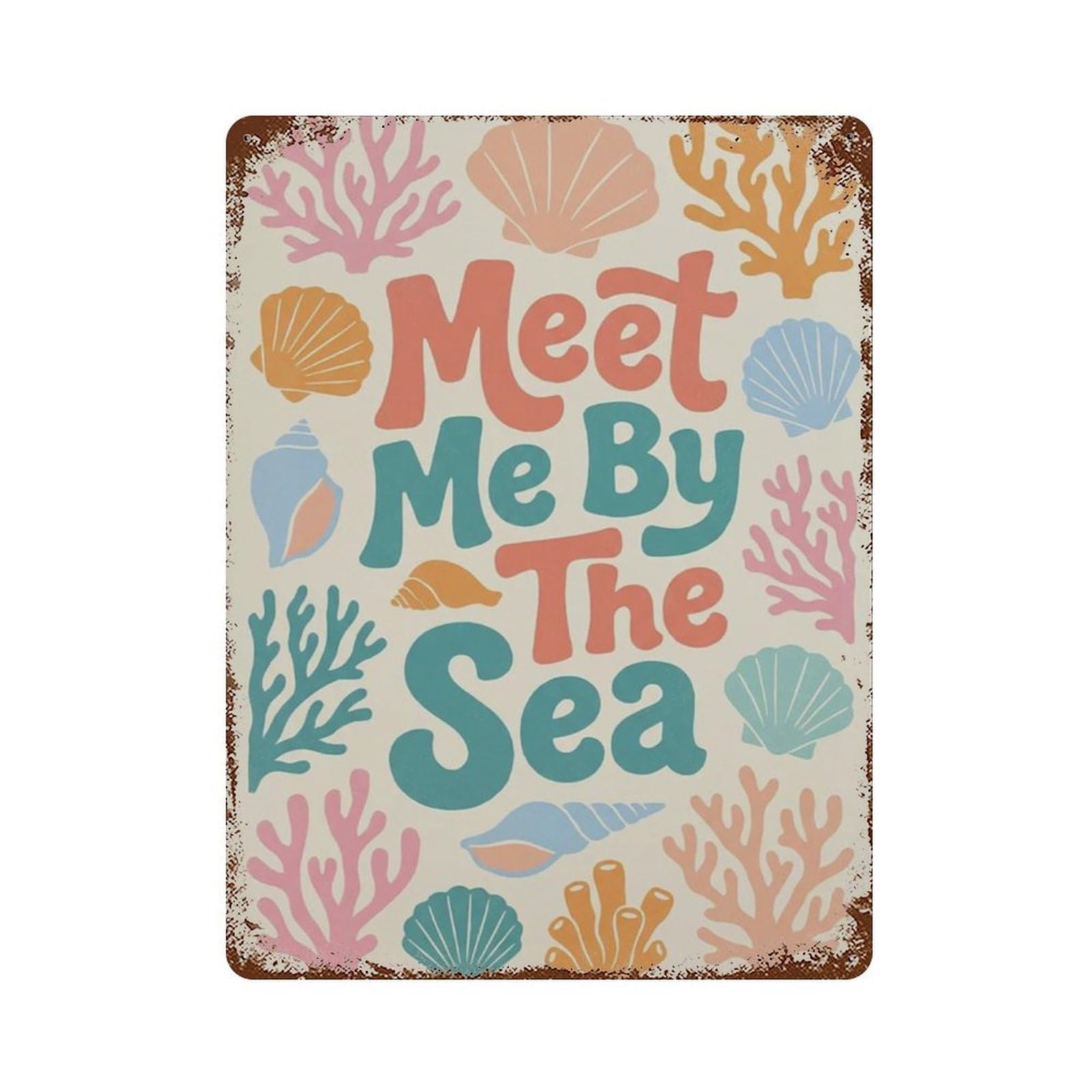 xiaoxiaoshen Meet Me By The Sea Coastal With Seashell And Coral Pastel Beach House Linocut Wall Decor Art Metal Tin Poster Modern Home Decor Art Home Bar Shop Decorations Vintage Sign 40x30cm