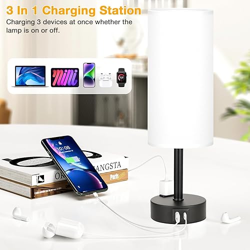 Miniatura 3 de Juego de lámparas blancas para dormitorio, lámparas de mesa táctiles regulables de 2 a 3 vías con puertos USB C y A, lámparas de noche para mesita