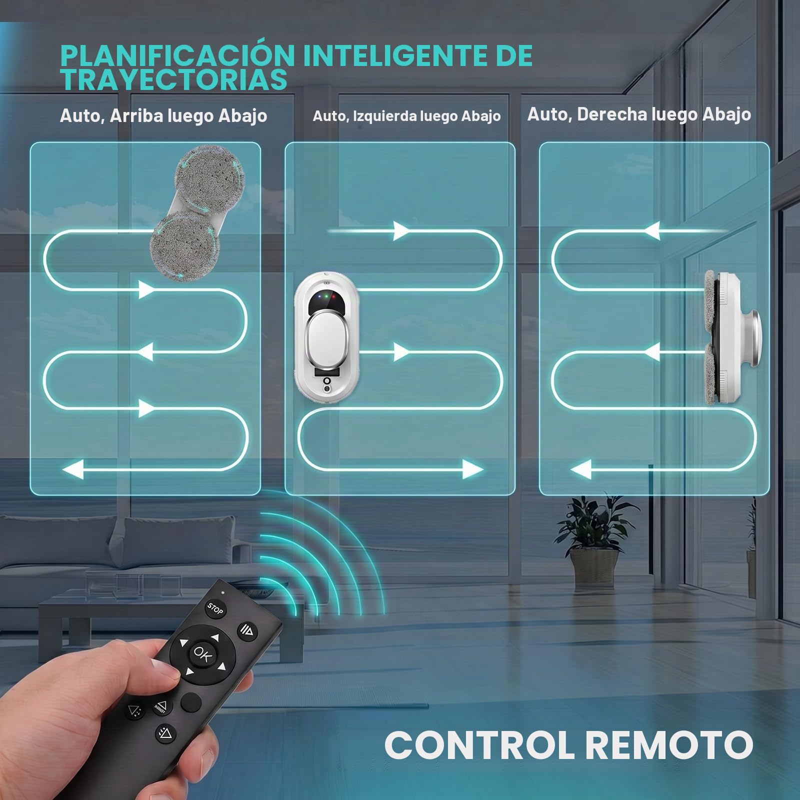 Robot Limpiacristales 5600Pa, Limpiador de Ventanas con 3 Modos Automático | Control Remoto, Sistema de Seguridad, para Vidrio, Azulejos y Superficies Lisas 65dB Silencioso