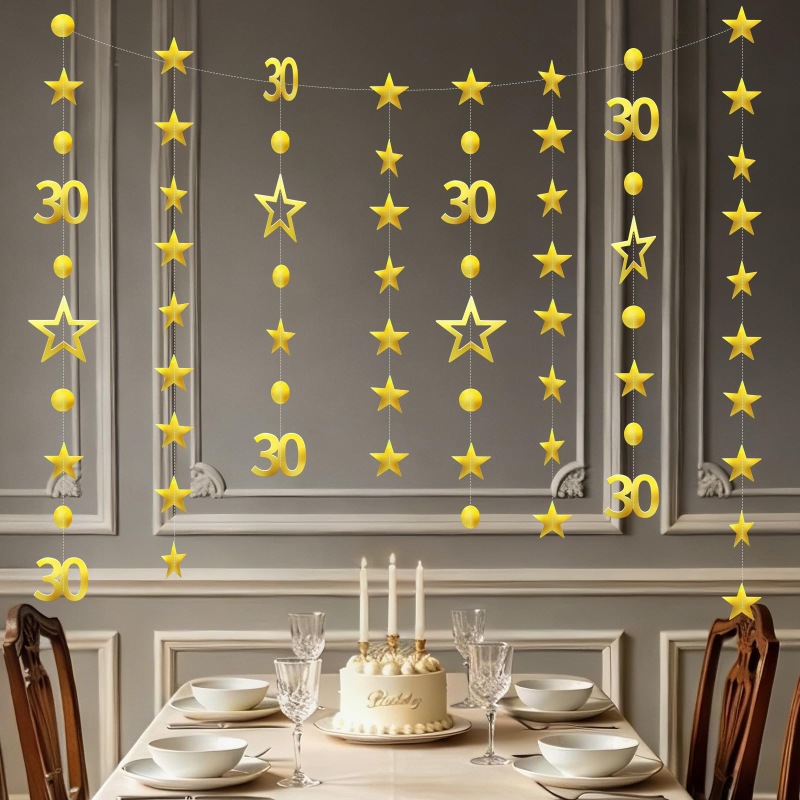 Ainiv 30th Gold Birthday Decorations, 4m Reflective Star Banner Hanging Decoration + 3m Sparkling Star Circle Dots Number 30 Paper Garland, for Birthday Wedding Anniversary Party Decorations