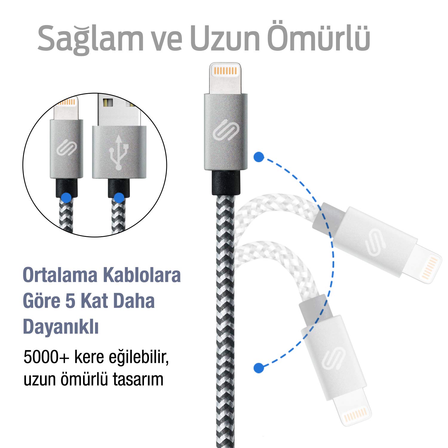 QWERTS Hızlı USB Lightning Kablo – 3’lü Şarj Kablosu Seti - iPhone XS/X/8 Plus/7/7 Plus/6/6 Plus/6s/6s Plus/5/5s/5c/SE&iPad ile Uyumlu – Siyah Beyaz