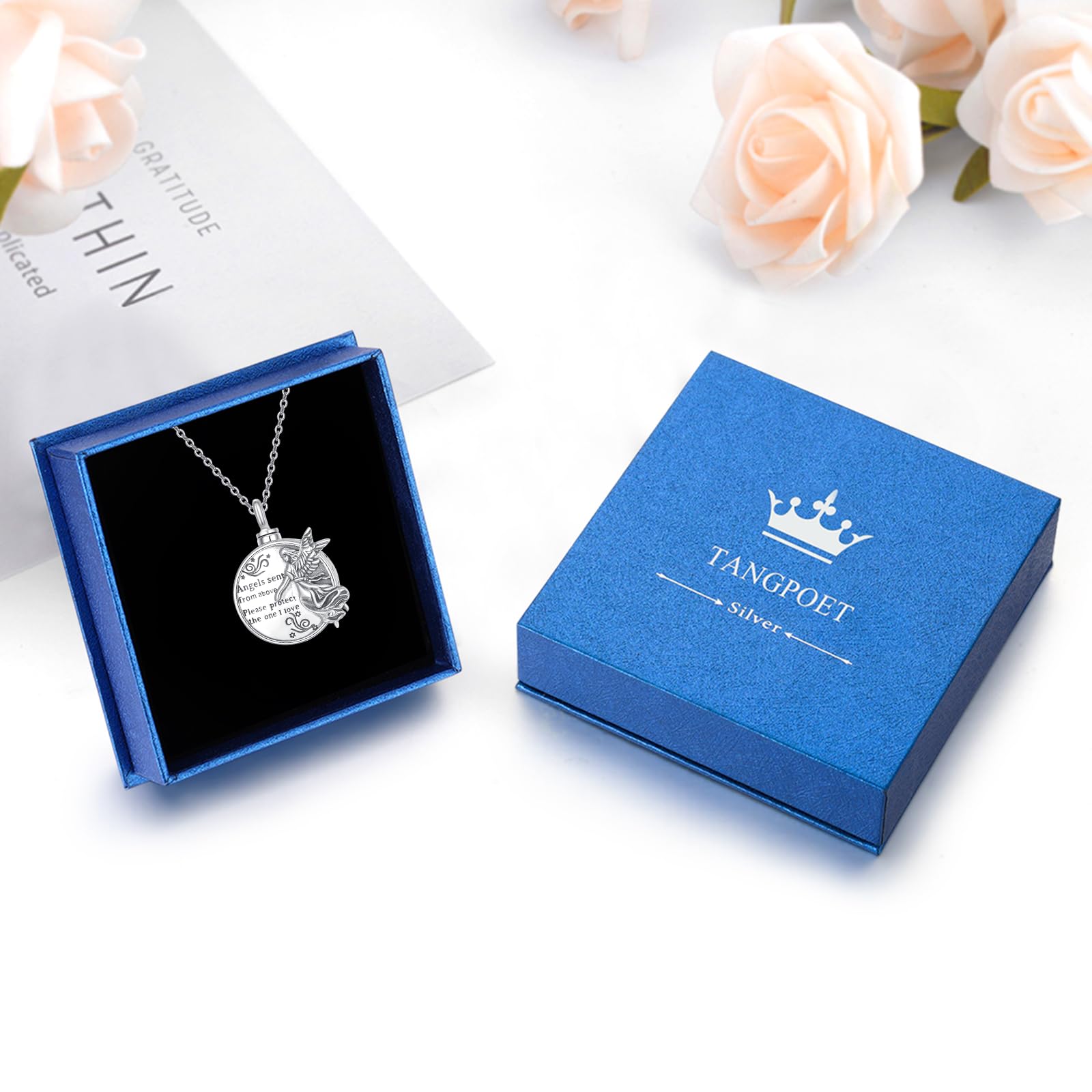 TANGPOET Collana con urna per cenere, con urna e angelo custode, in argento Sterling 925, per donne, Argento sterling