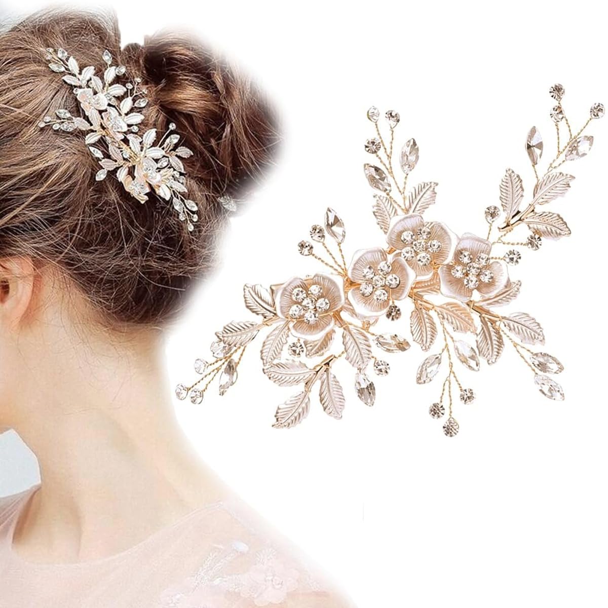 PALAY Flower Hair Clips for Women Bridal Hair Accessories for Women Wedding Rhinestones Handmade Metal Floral Hair Clip Headpiece for Bridal Bridesmaid Wedding Evening Party