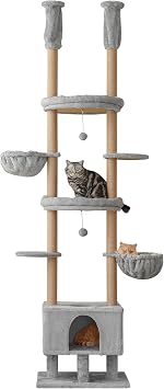 Cat Tree, Floor to Ceiling Cat Tower Adjustable Height 235-258cm, 7 Tiers Cat Climbing Play House with Fully Sisal Scratching Post, Cozy Condo & Hammocks for Indoor Cats, Light Grey