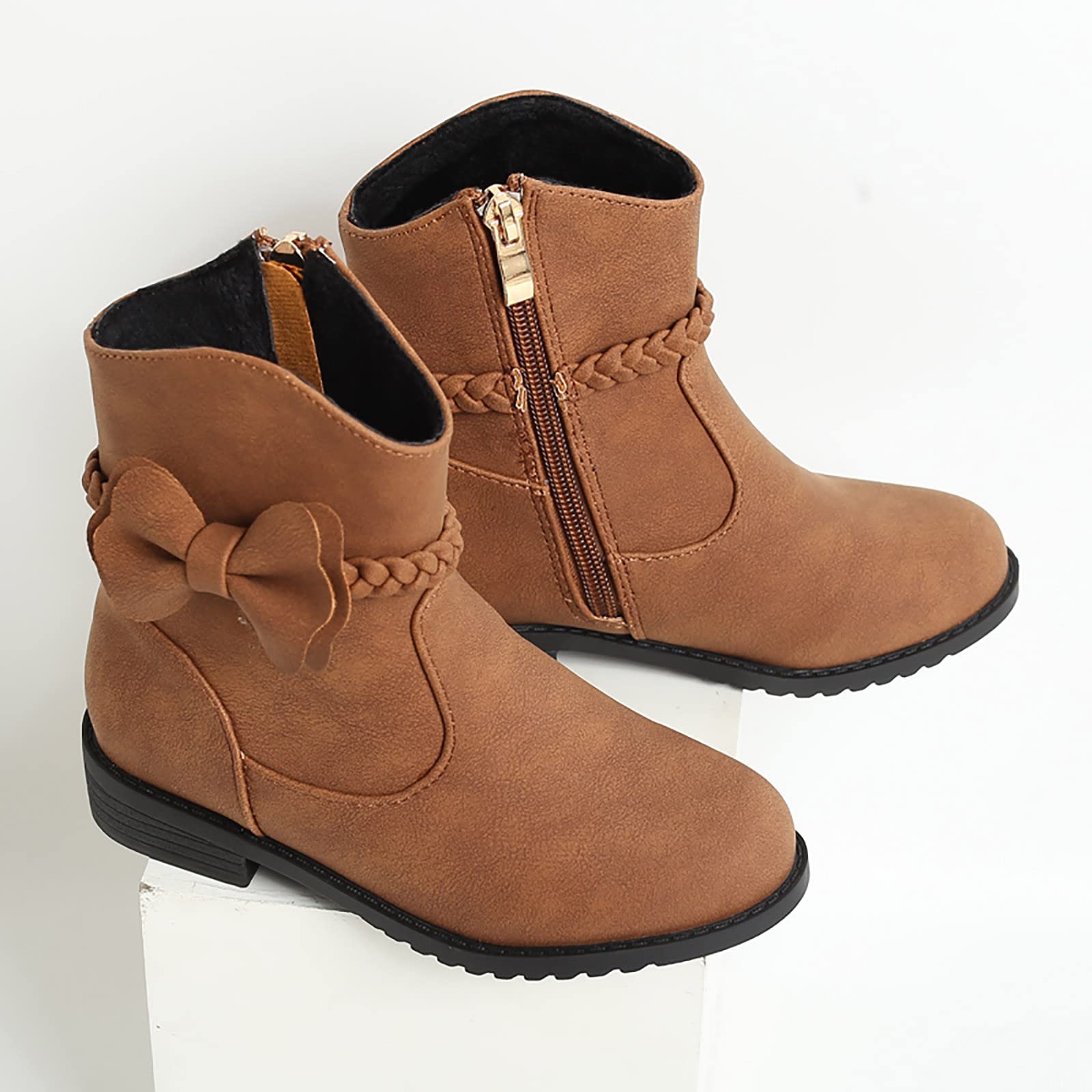 Generisch Botas occidentales para niñas - Botines de equitación de tacón bajo con cremallera lateral decoración de lazo, detalle trenzado, calzado infantil robusto