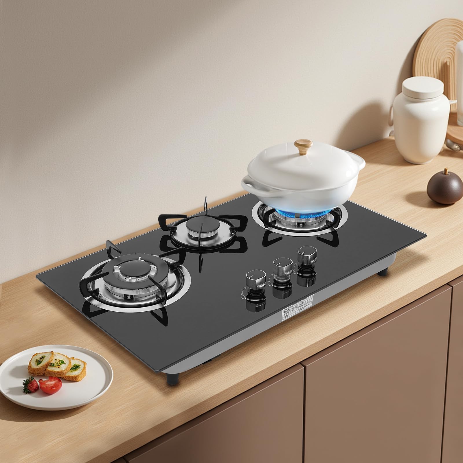 Fornello a gas in vetro da incasso, piano cottura a gas a 3 fuochi Gas Stove, fornello a gas per piani cottura LPG/NG, incluso supporto per pentole, telaio smaltato e testa del forno in alluminio