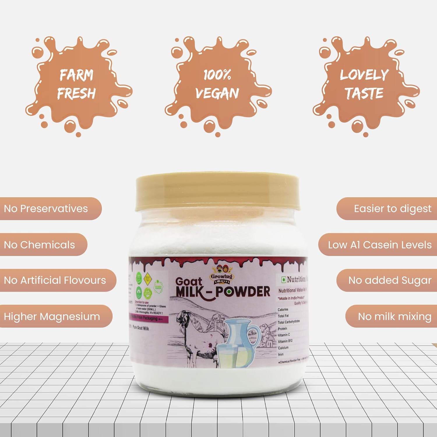 Growing Villagers Organic Goat Milk Powder | Grass Fed Goat Whole Milk Powder | Gluten Free No Additives No Preservatives | 2 Jars Of 150 Grams Each
