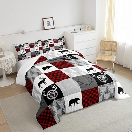 Miniatura 2 de Castle Fairy Juego de edredón de tamaño Queen con diseño de oso de ciervo a cuadros, juego de ropa de cama de retazos con 2 fundas de almohada,