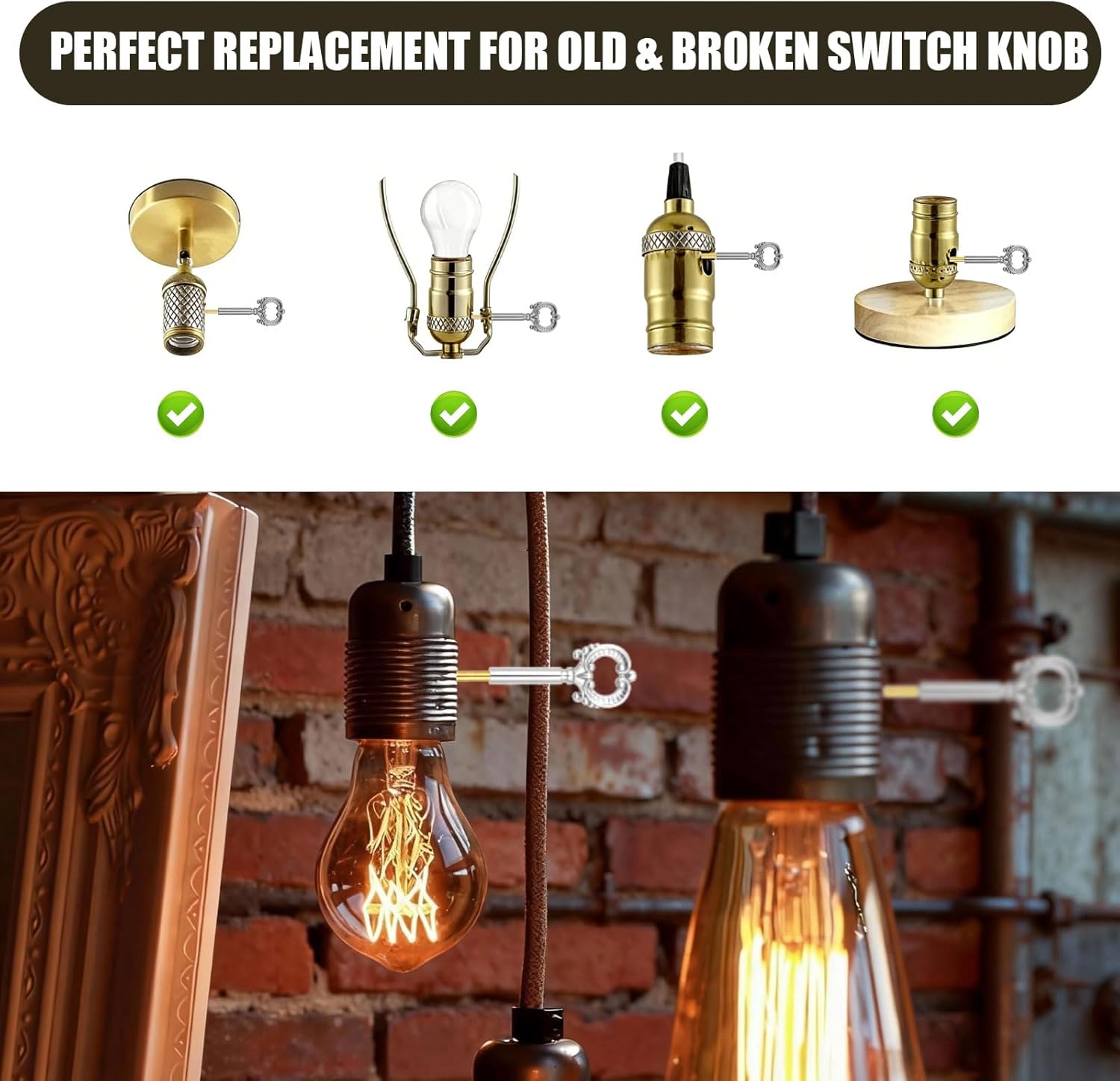 Lamp Switch Knob - 2Pcs Lamp Turn Knobs Replacement with 1/2" Extensions, Standard Turn On/Off Light Switch Knobs, Vintage Metal Key Knob Lamps Repair Parts for Table & Floor Lamps Fan Socket (Silver)