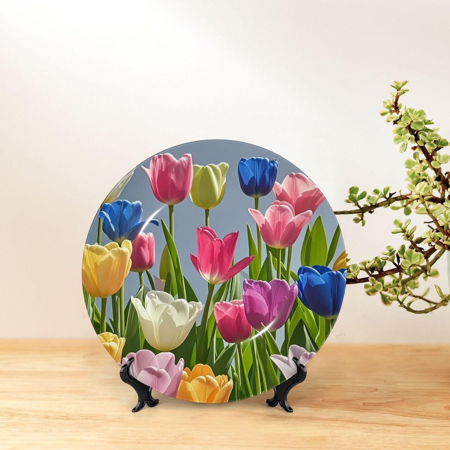 Bone China Decorative Plate with Display Colorful Tulip Flowers Ceramic Plates Crafts Art Decor Dessert Plate Ceramic Ornament Porcelain Plates for Living Room Kitchen Table Home Decor