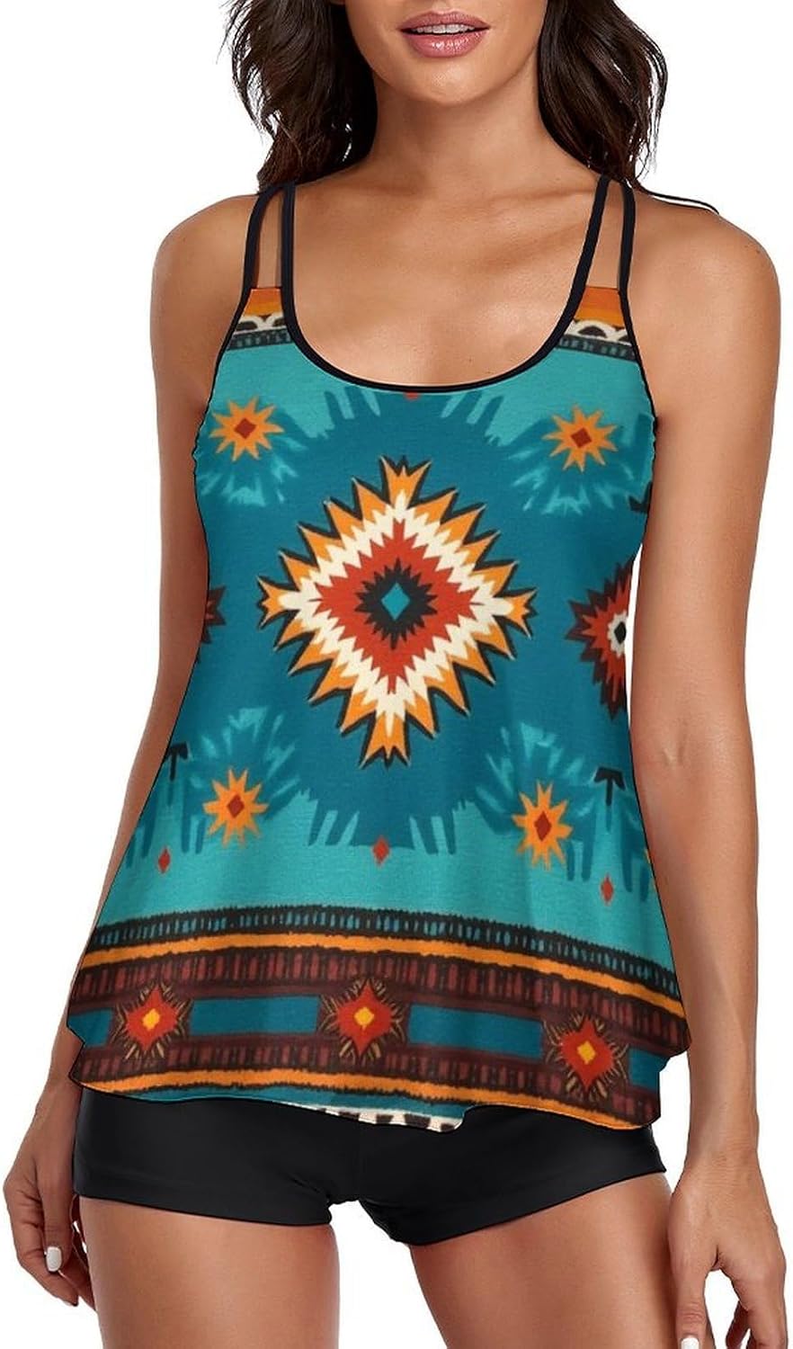 Tankini Swimwear for Women, 2 Piece Loose Fit Swimsuit with Tummy Control and Adjustable Straps