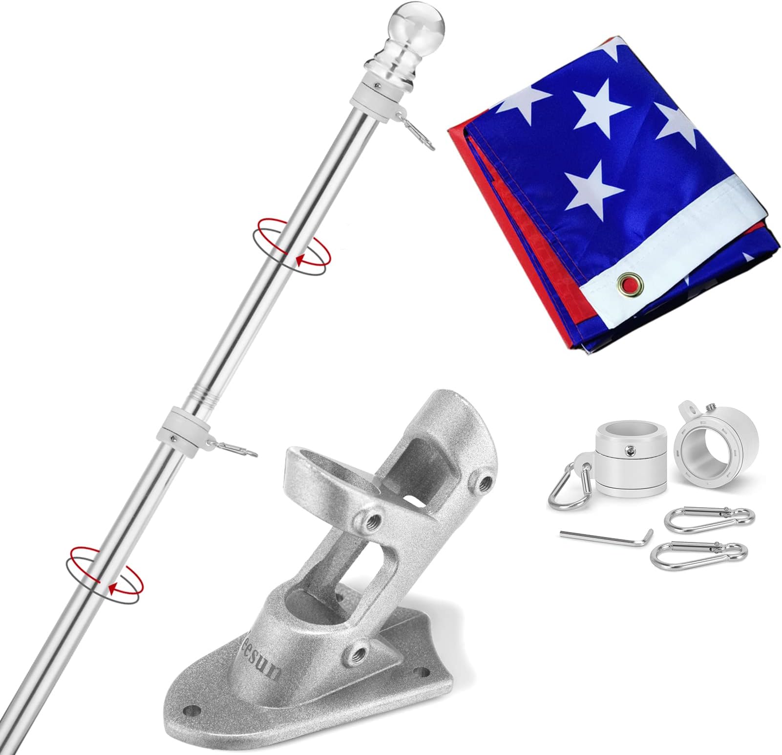 Yeesun Flag Pole for House with 3x5 American Flag, 6 FT Wall Mount Flag pole with Bracket for Home Porch,Outdoor deco.Residential or Commerical Tangle Free Flag Pole Kit (Silver)