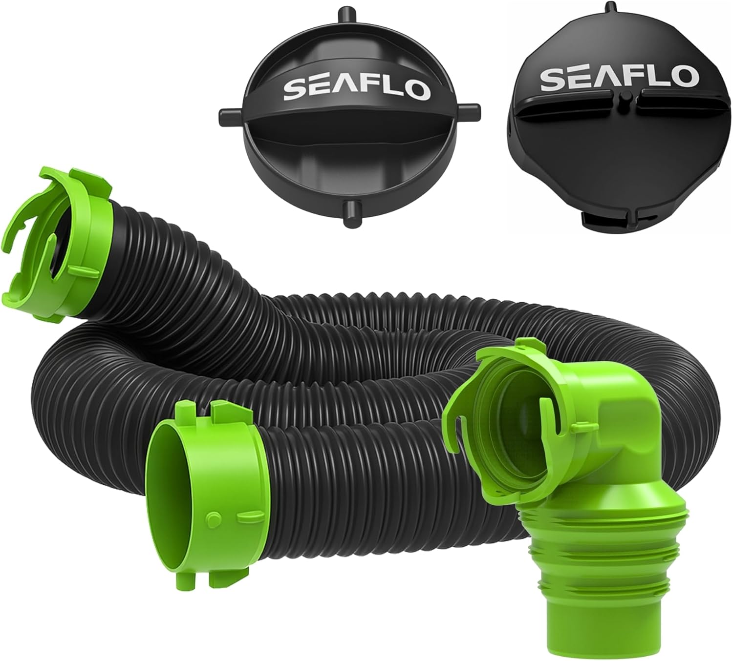 SEAFLO 20 FT RV Camper Sewer Hose Kit with Swivel Bayonet Adapter Polypropylene Waste Hose for Easy Storage 3.5" Swivel Adapter Fits 3" 3.5" 4" Pipes Includes 2 Plumbing Caps 4-Year Warranty