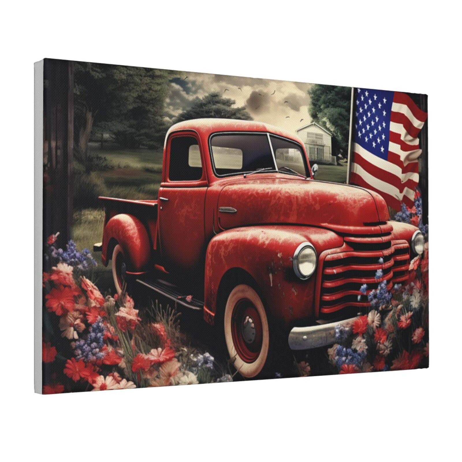 Framed Wall Art for Living Room Art Work, 4th Of July Patriotic Old Red Truck Picture Prints Modern Office Wall Paintings Poster Aesthetic Wall Decorations for Home Decor Ready To Hang 16"x24"
