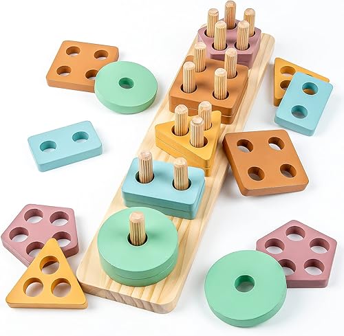 Juguetes Montessori para bebés de 1 año, bloques de madera y juguetes apilables para niños pequeños, clasificador de formas de reconocimiento de