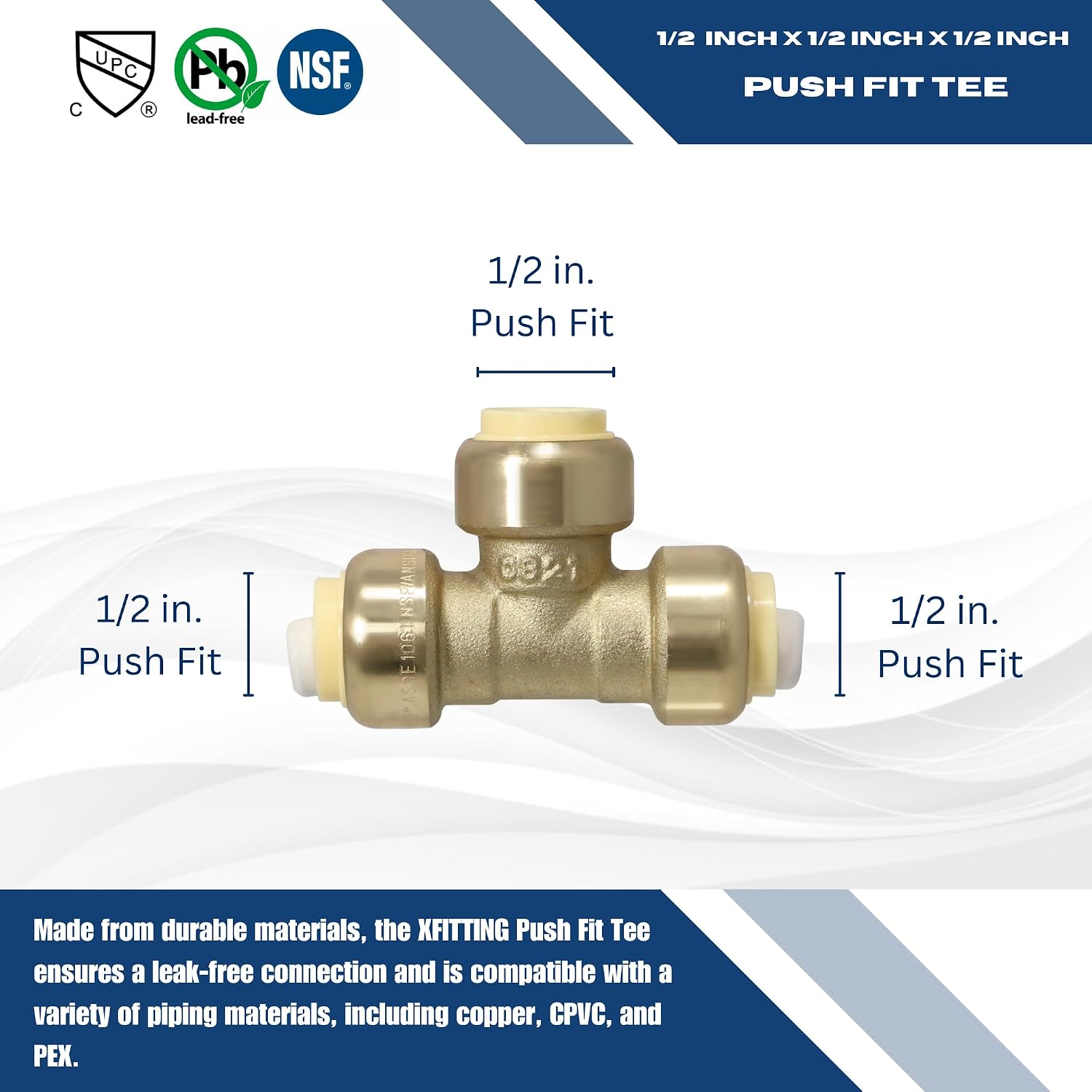 XFITTING 1/2 inch x 1/2 inch x 1/2 inch Push Fit Tee, Push to Connect Tee, 28-5-2=10XX, 10 Pieces