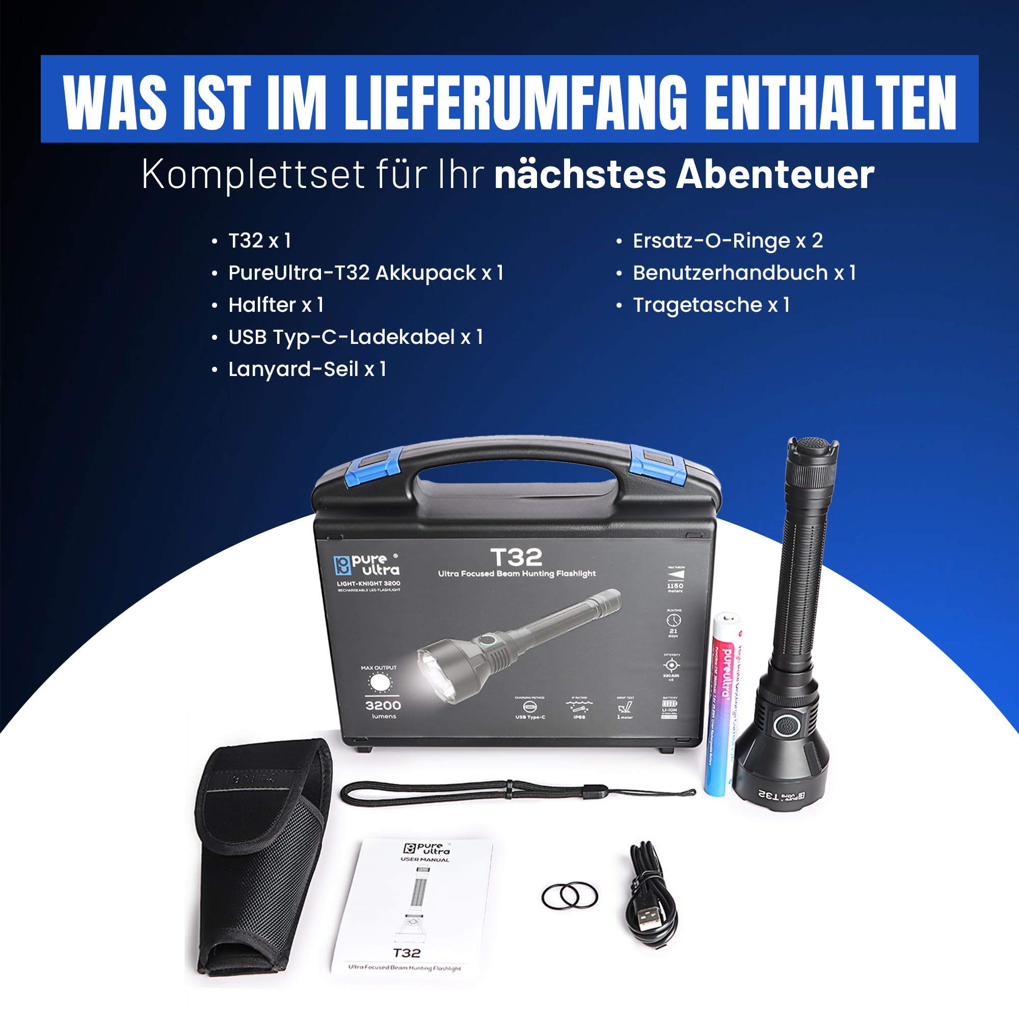 T32 LED Taschenlampe 3200 Lumen – Taktische Einsatzlampe mit 1150 m Reichweite, Stroboskop, USB-C, Holster, IP68, 18650 Akku aufladbar (Basic-Kit)