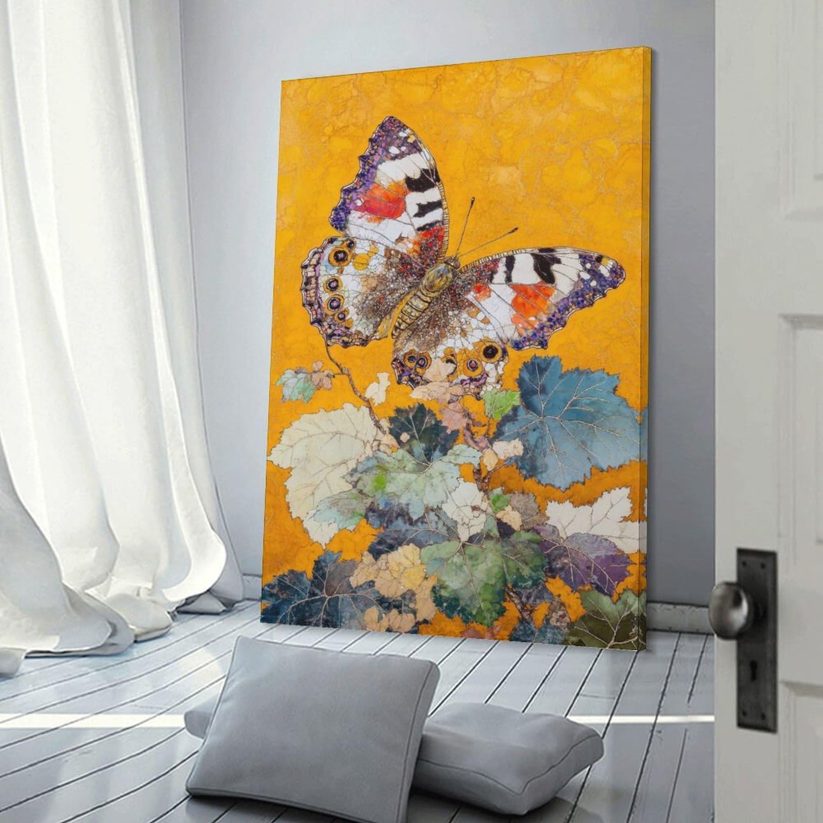 Junmoney Canvas Art Print Butterfly on Leaves Painting, 24x36inch(60x90cm), for Office, Study Or Home Workspace, Home Office Artwork with Decorative Appeal