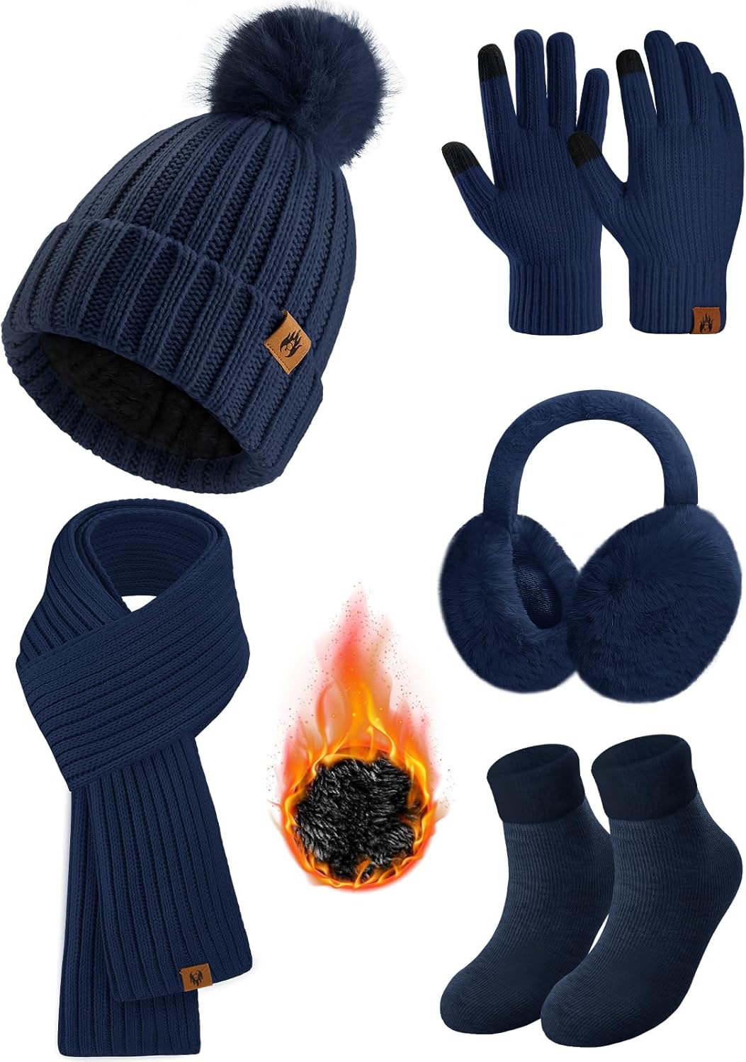 HEEKPEK Winter Beanie Hats Scarf Gloves Ear Muffs Fuzzy Socks 5pcs Set for Women Cold Weather Beanies Touch Screen Gloves
