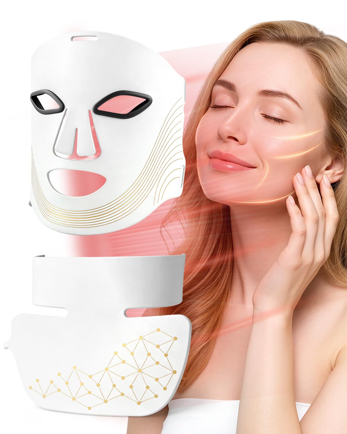 Masque LED Visage & Cou,Thérapie par Lumière Rouge à 7 Couleurs avec Minuterie Intelligente - Raffermissant, Soin Visage pour Tous Types de Peau,Blanc