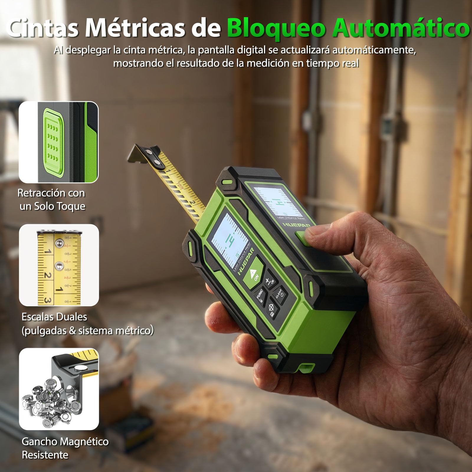 Huepar TLM60 Medidor Láser 4 en 1 con Cinta Métrica Digital y Nivel Láser Verde, Distancia hasta 60m, 9 Modos de Medición, Pantalla Doble LCD, Memoria 100 Datos, Alta Precisión para Construcción y DIY