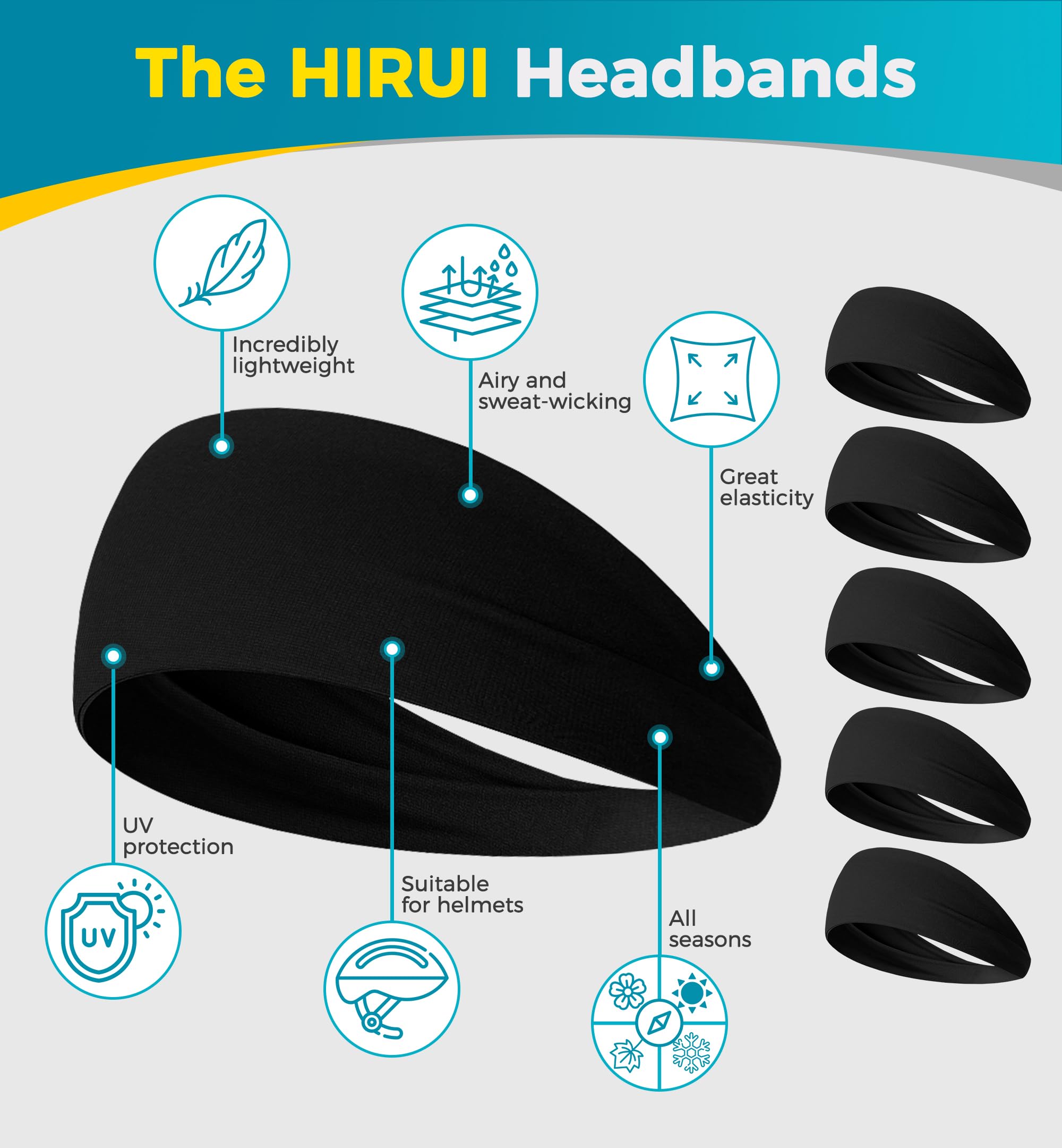 HiRui Stirnbänder für Damen und Herren (5er-Pack), Lauf-Stirnbänder, feuchtigkeitsableitend, Workout, Schweißband, Sport-Stirnband für Radfahren, Basketball, Yoga, Fitness