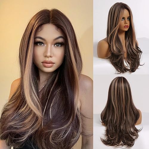 Pelucas rubias y marrones con reflejos, partición media, pelucas largas onduladas para mujer, aspecto natural, peluca de fibra resistente al calor,