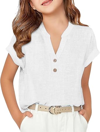 Moonker Linen Shirt Girls Half Botton Down Short Sleeve V Neck Summer Tops Lightweight Breathable Oversized Beach Blouses