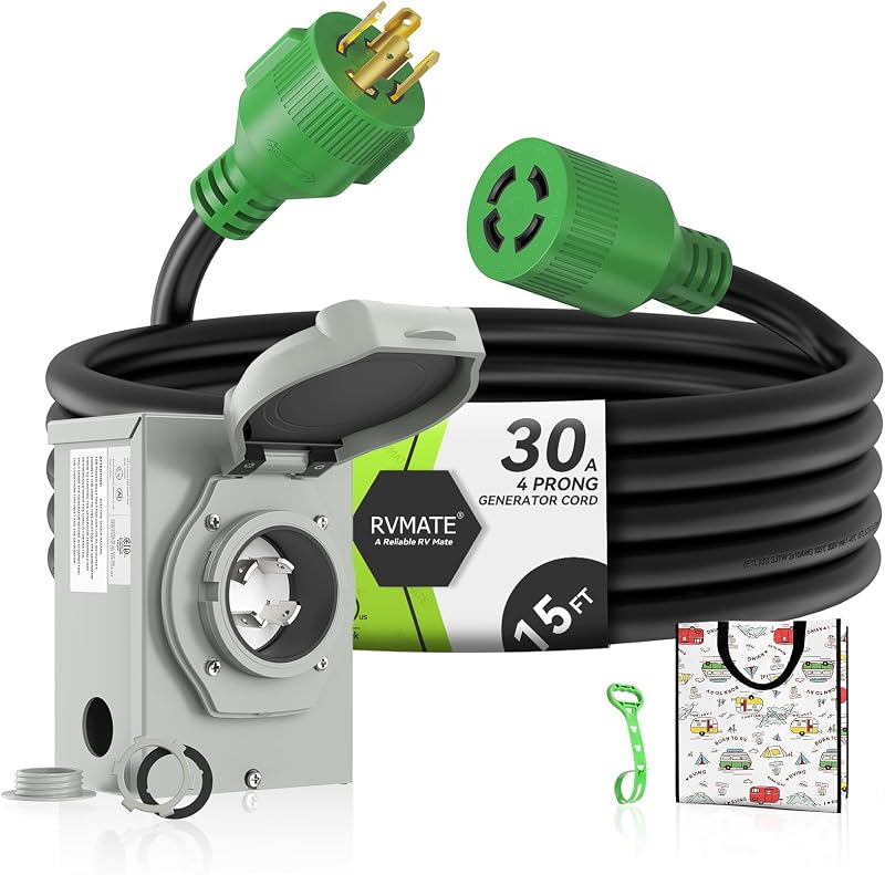 4 Prong 30 Amp Generator Cord (15FT) and Pre-Drilled Power Inlet Box | L14-30P to L14-30R Cord with L14-30P Generator Inlet, Waterproof Combo Kit, ETL Listed