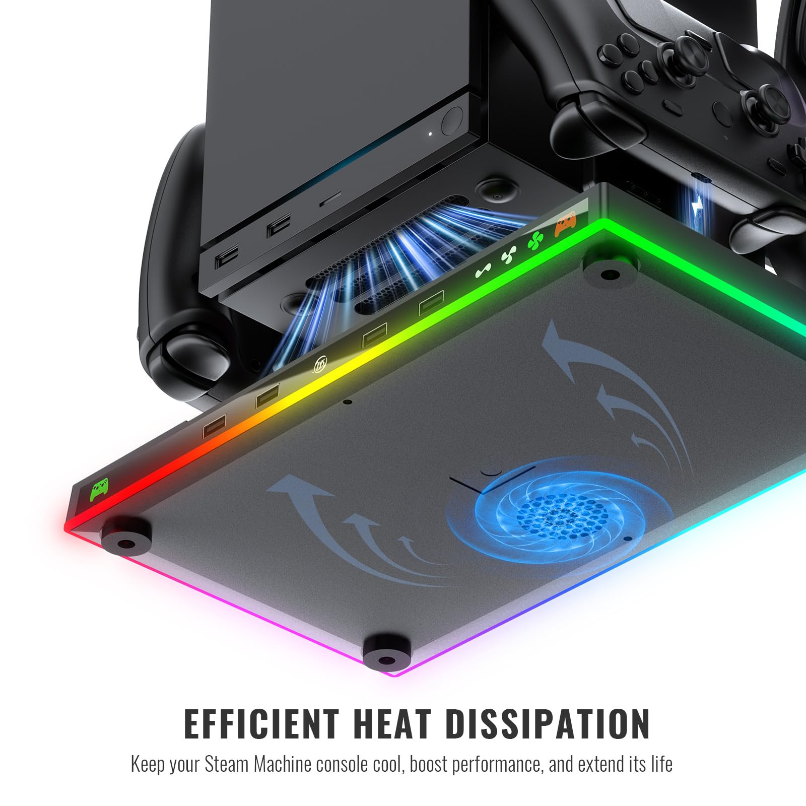 Zestaw akcesoriów kompatybilny z konsolą Steam Machine, zawiera odporną na wstrząsy torbę do przenoszenia i stojak chłodzący RGB