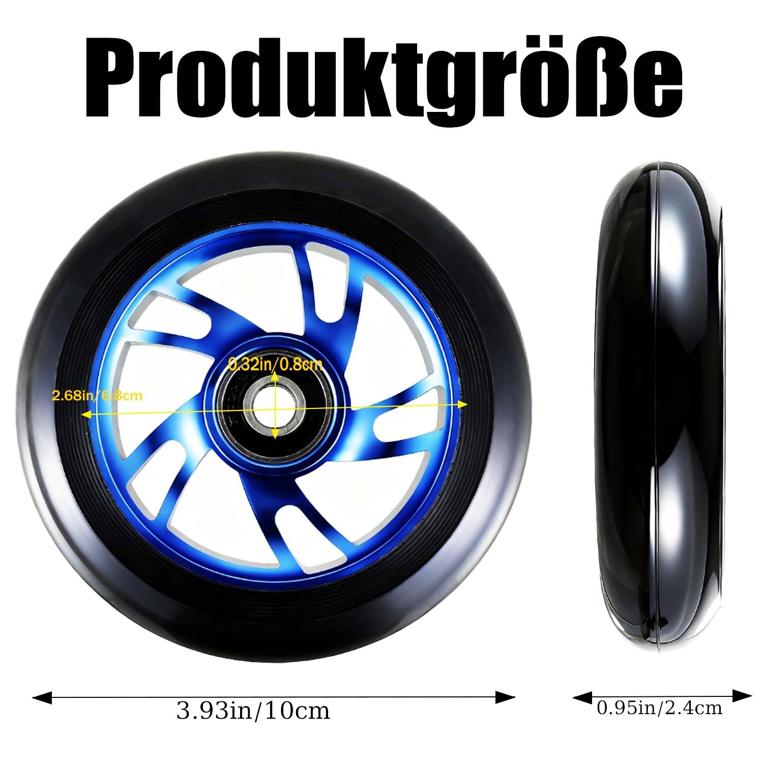 Ruote per monopattino acrobatico da 100 mm, pneumatici per - Ruote di ricambio, pneumatici da 100 x 24 mm con cerchi in lega di alluminio,adatti a tutti i tipi di monopattino(2 pezzi, blu)