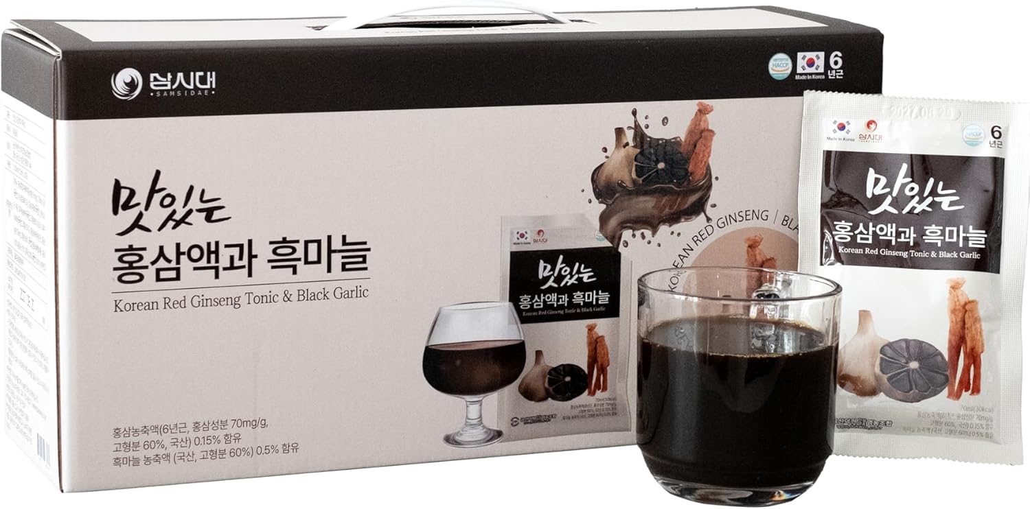 SAMSIDAE Korean Red Panax Ginseng & Black Garlic Tonic. Supports Concentration, Fatigue Recovery, Antioxidant. 70ml X 30 Pouches