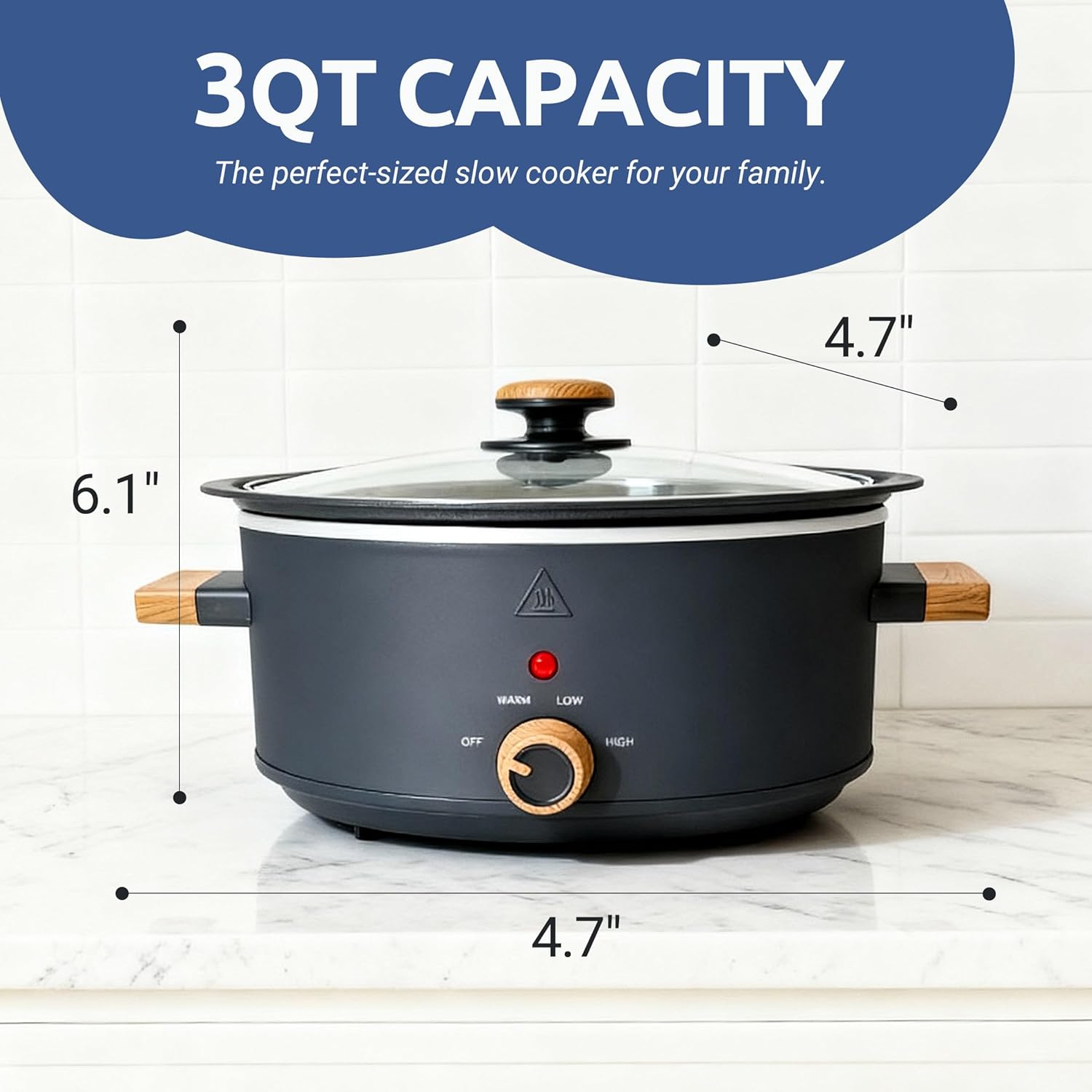 3QT Slow Cooker with Aluminum Inner Pot, 3 Temperature Settings, Dishwasher-Safe Removable Pot & Glass Lid, Wood-Grain Handle Design, Compact Electric Cooker for Home Meals, Black