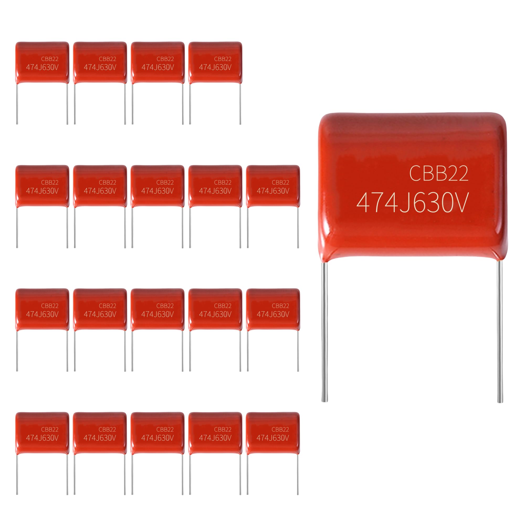 20-Pack 630V 474J Premium Quality Metallized Polypropylene Film Capacitors, P10 CBB21/CBB22 470000pF 470nF 0.47uF MPP Caps with Superior Performance