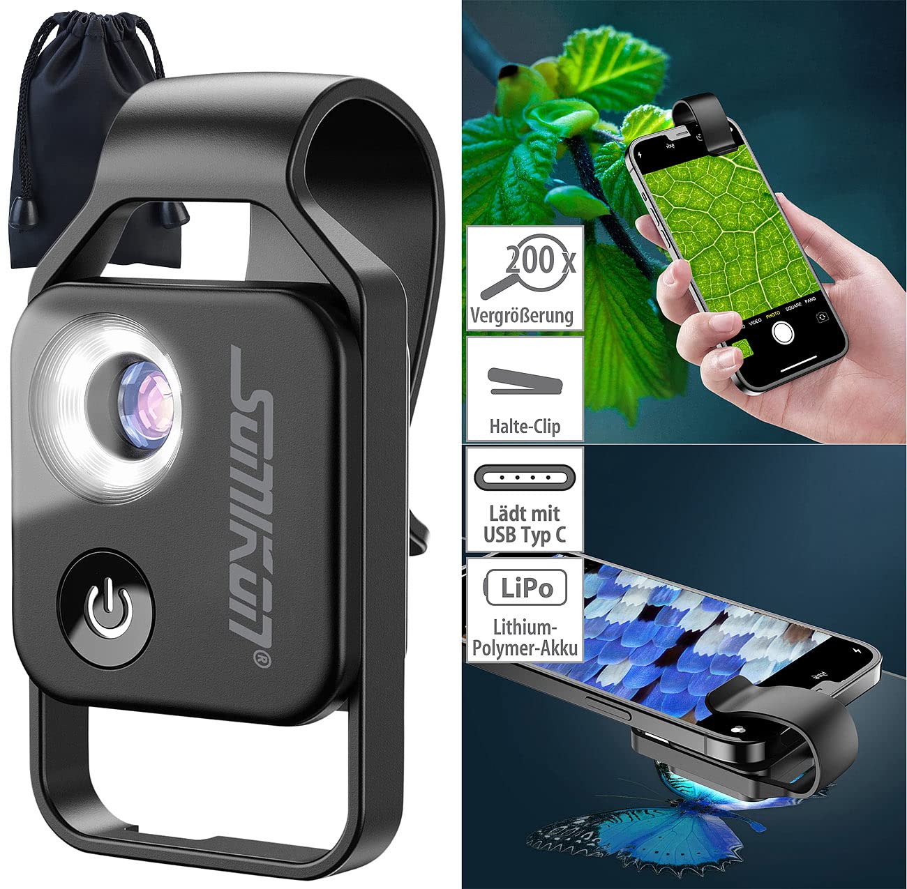 Somikon Handy Mikroskop: Mikroskop-Vorsatzlinse für Smartphones, 200-fache Vergrößerung, 6 LEDs (Taschenmikroskop, Microscope Handy, HTC)