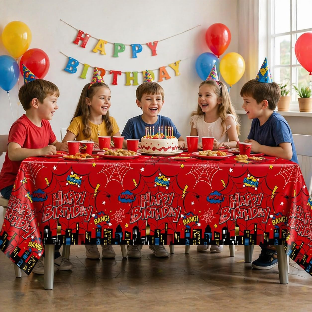 3Pcs Spider Birthday Party Tablecloth Decorations, Disposable Plastic Cartoon Spider Tablecloths Red Table Cover for Rectangle Table Boy’s Birthday Party Supplies, 54x108 inches