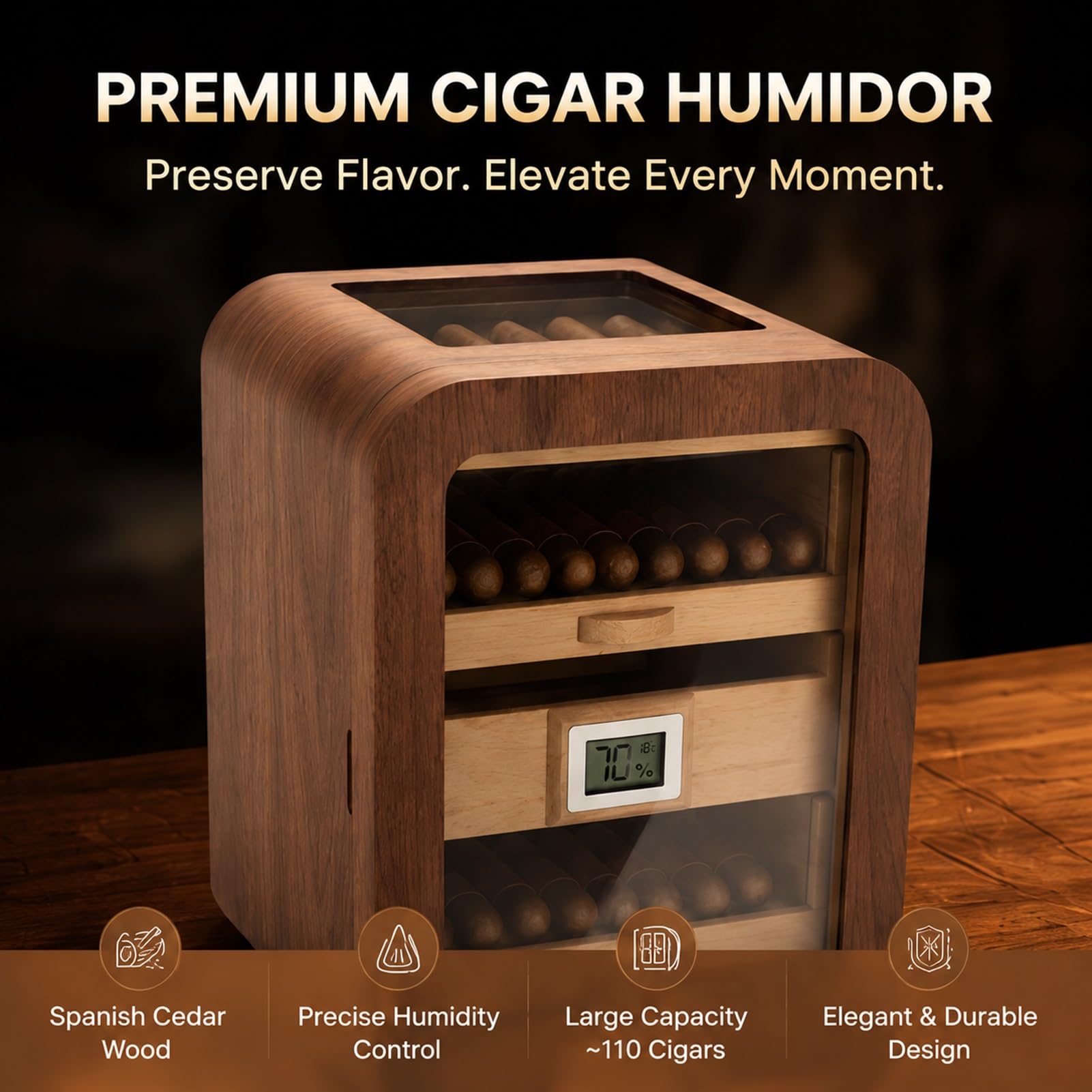 Szafka na cygara z drewna cedrowego, pomieści 110 cygar, system wilgotności z higrometrem i nawilżaczem, szklane drzwi do przechowywania i wyświetlania na biurku