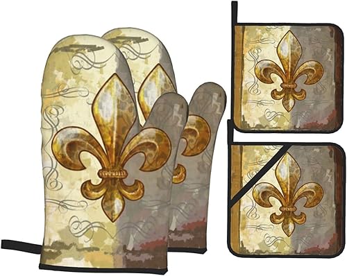 Fleur De Lis - Juego de manoplas de horno y soportes para ollas retro resistentes al calor