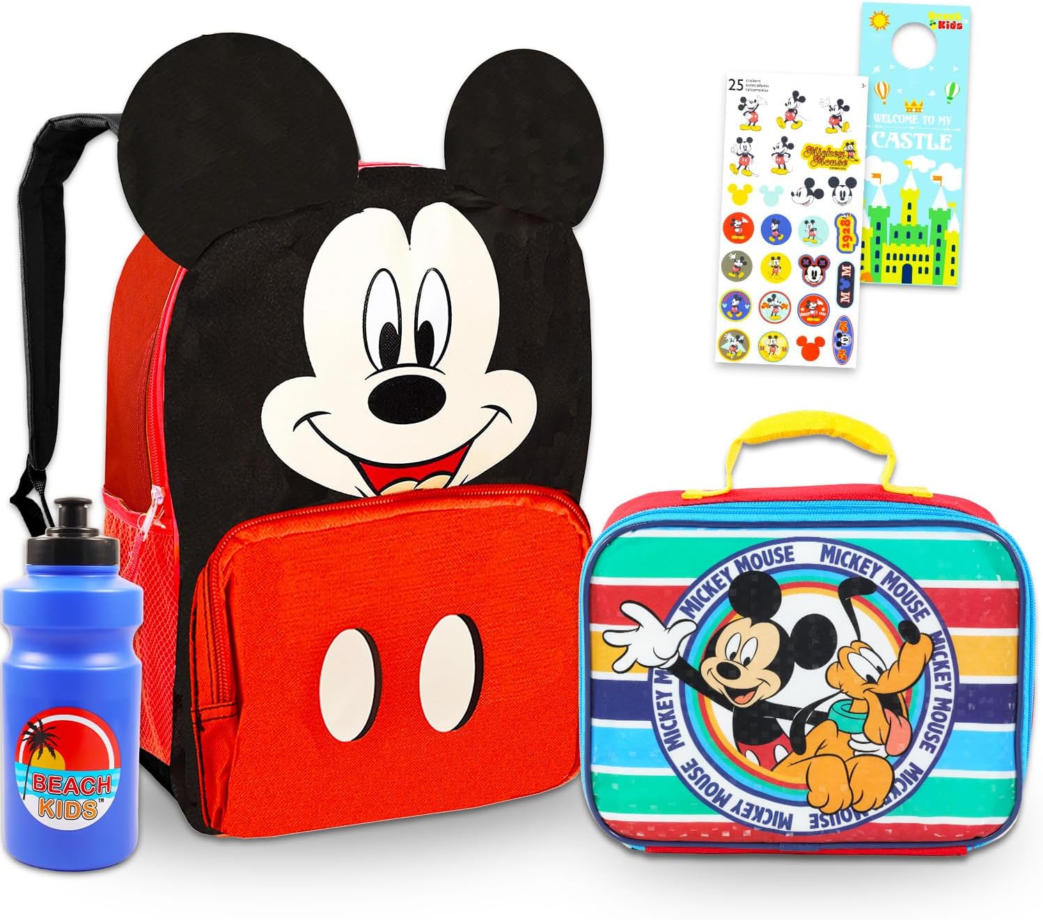 Mickey Mouse Mini Backpack with Lunch Box Set - Bundle 12" Mini Backpack, Lunch Bag, Stickers, Water Bottle, More | Toddler Mickey Mouse School Bag and Lunchbox