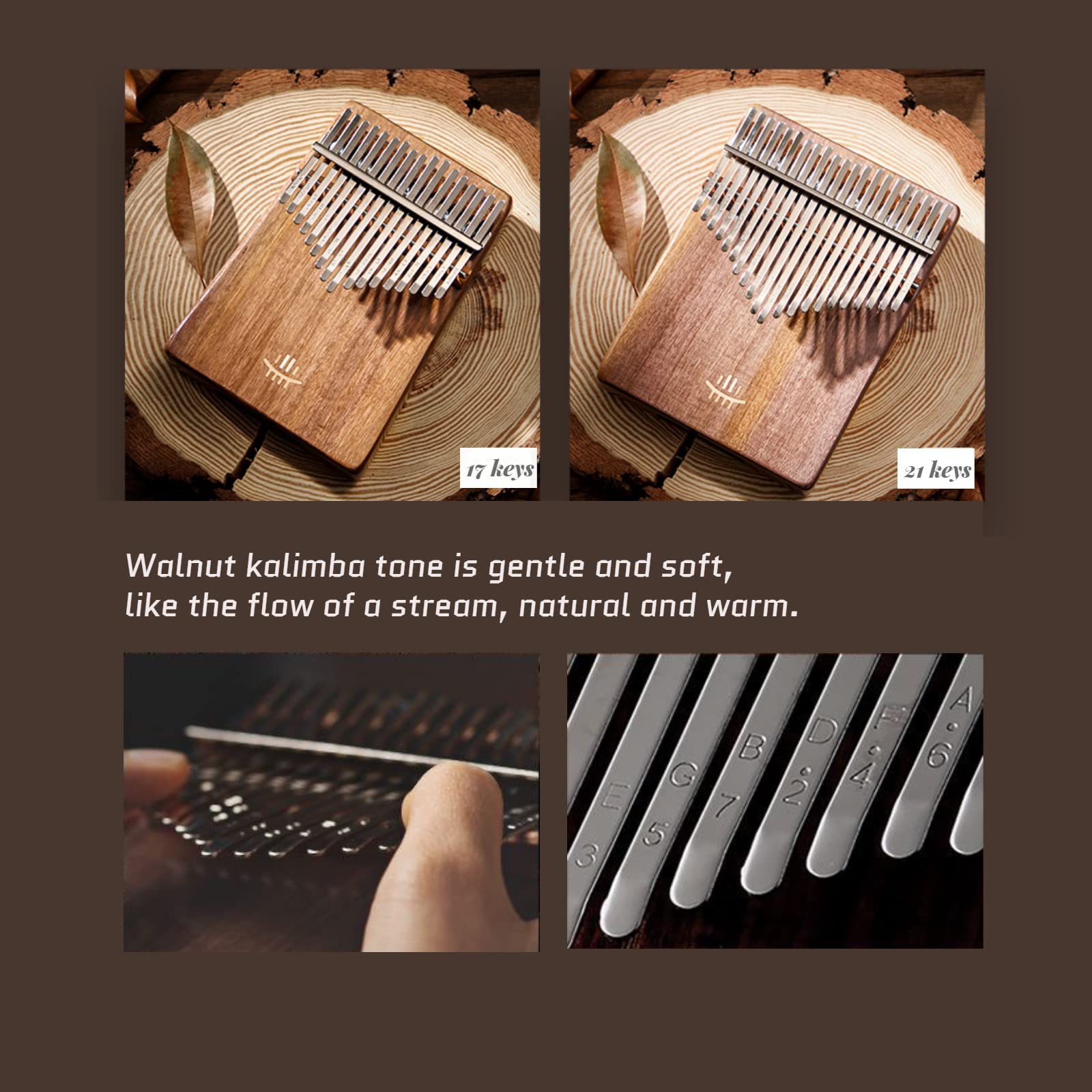 Hluru Kalimba - Piano de pulgar para adultos y niños, tono de grado de interpretación con partituras de kalimba (madera de nogal de 21 teclas)