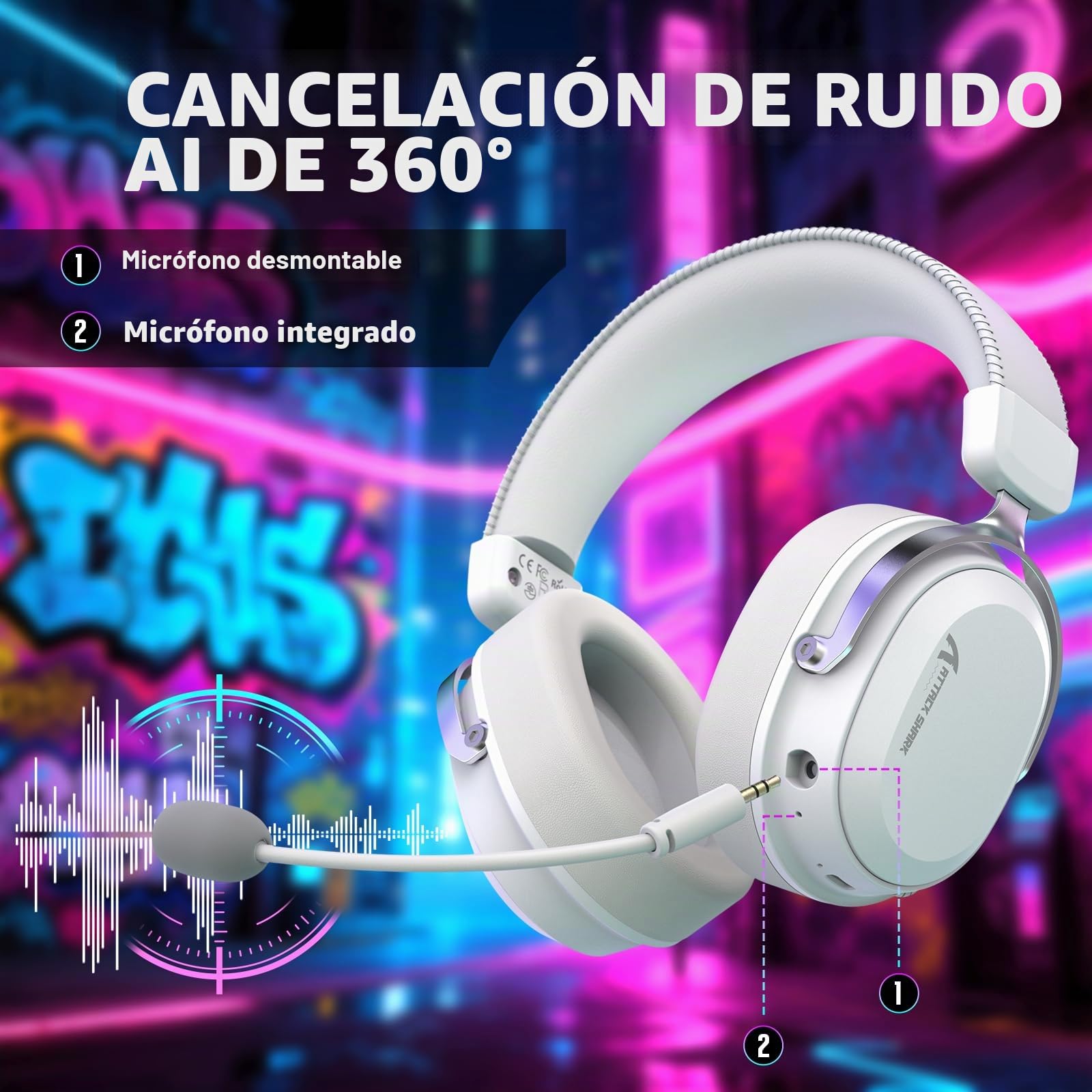 ATTACK SHARK L30PRO Auriculares Gaming Inalámbricos, Sonido Envolvente 7.1, Modos EQ, Drivers 50 mm, Conectividad Tri-Modo, Batería 1100 mAh, Over Ear con Micrófono Desmontable para PC - Blanco